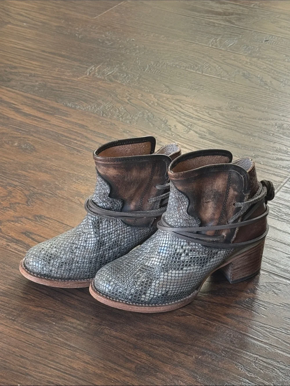 Freebird by Steven Metallic Gray and Distressed Brown Snake-Texture Ankle Boots